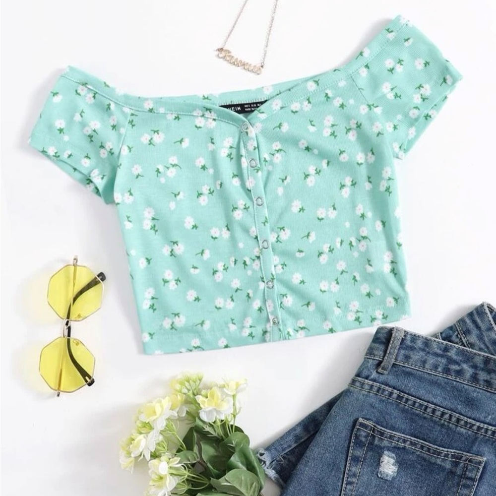 Aqua Mint Green with White Floral Print Button-Up Off-the-Shoulder Crop Top